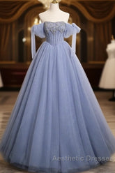 Blue A-Line Tulle Beads Long Evening Prom Dresses, Blue Long Formal Dresses